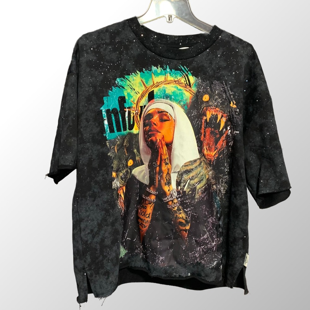 BKYS Prayer‎ Cropped Tee Heavyweight Washed Black Graphic Rhinestone Streetwear